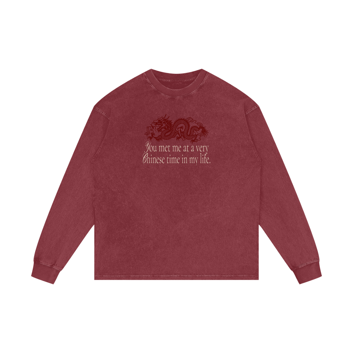 Front digital mockup of the washed red long sleeve