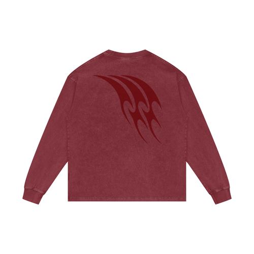 Back digital mockup: washed red long sleeve with large burgundy tribal graphic