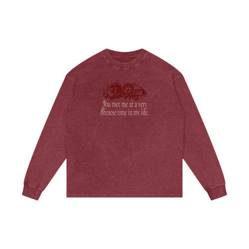Front digital mockup: washed red long sleeve with burgundy dragon and cream lettering
