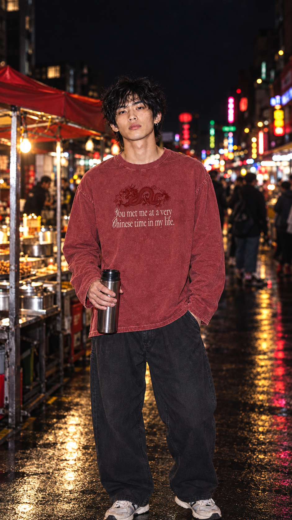 AI campaign image of the Jade Society washed red long sleeve